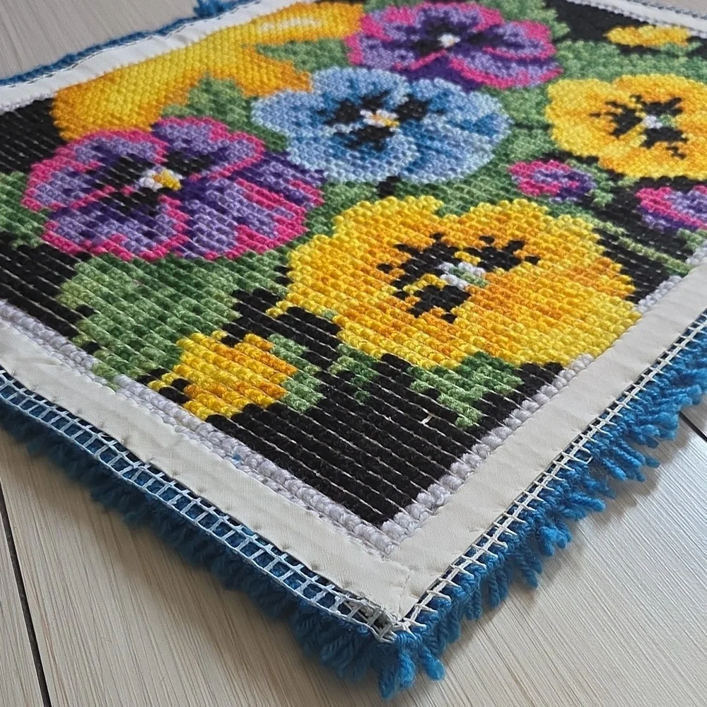 Completed Caron Wonderart Pot of Pansies Rug